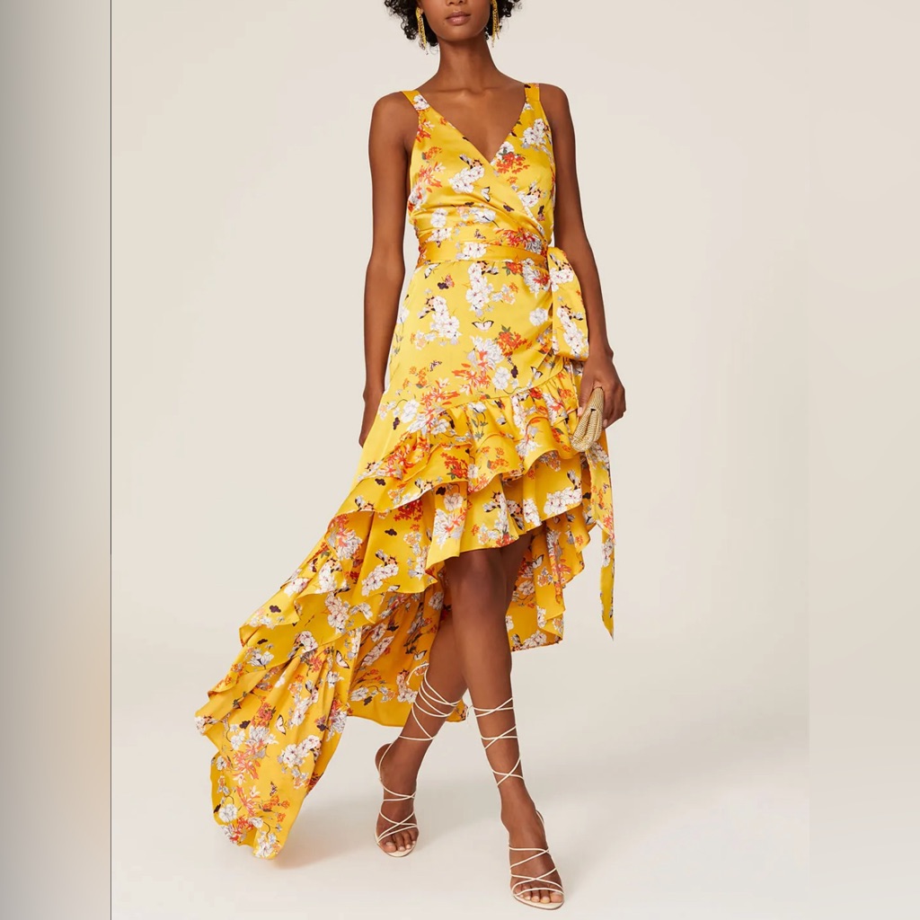 Bronx And Banco/ Yellow Floral Print Dress With Ruffle Thigh Slit Size M